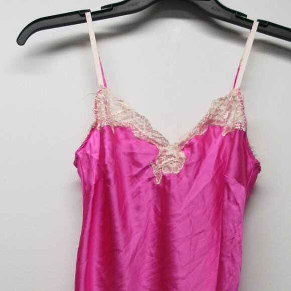 Victoria's Secret Shiny Hot Pink Satin Lace Trim Mini Slip Dress Chemise sz M - Picture 4 of 4